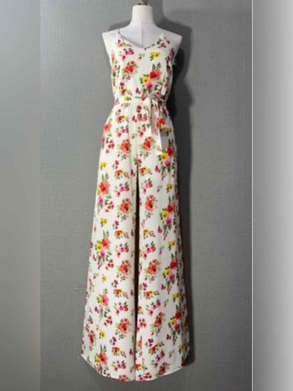 White Floral Wide-Leg Jumpsuit by One Clothing Los Angeles